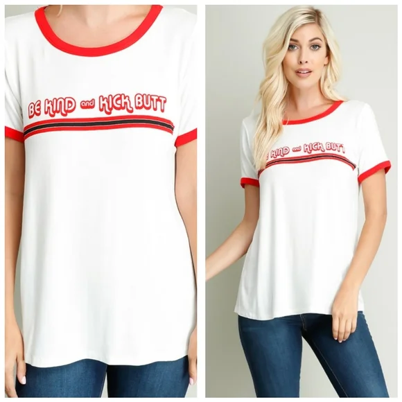 Be Kind and Kick Butt Red White Graphic Ringer Tee - Picture 2 of 2